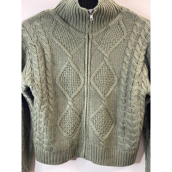 Olive Green Cropped Cable Knit Sweater With Diamond Pattern & Full Zipper - Picture 3 of 10